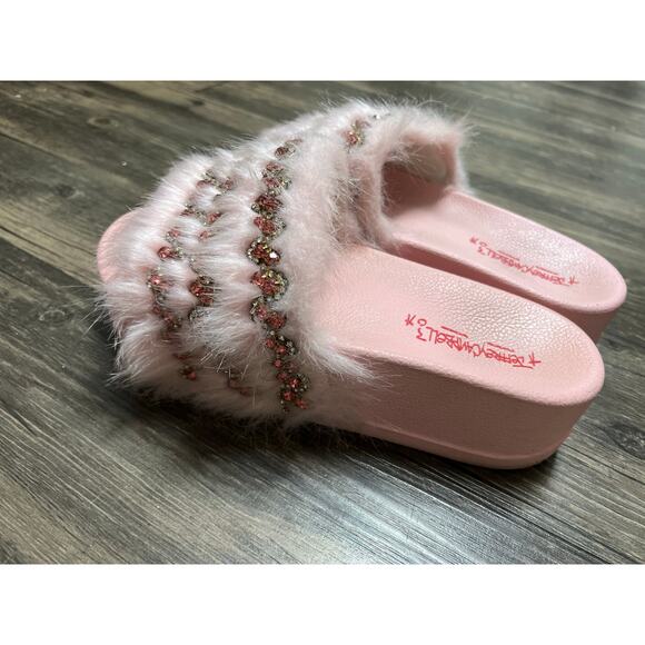 Jeffrey Campbell Edie Slide Sandal Pink Fur Jeweled Slip-On Slides Glam Cozy 8 - Picture 4 of 4